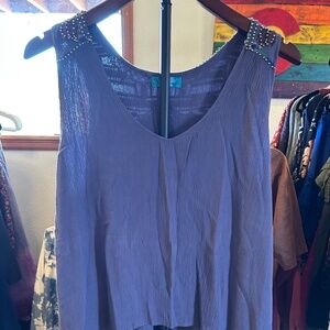 Buttons Blue Boho Embroidered Studded Sleeveless Top Size Large